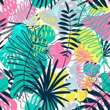 Vector seamless pattern with floral hand drawn elements. Bright color tropi.. Stock Illustration