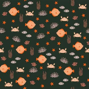 Vector seamless pattern with flounder, crab, seaweed, starfish, clownfish Illustrazione stock