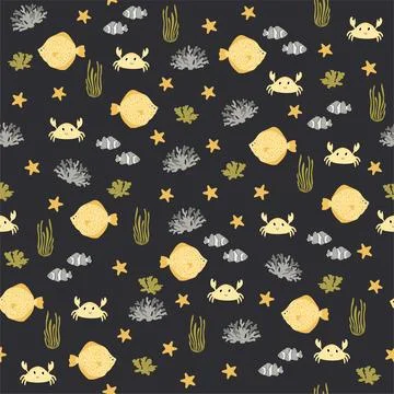Vector seamless pattern with flounder, crab, seaweed, starfish, clownfish Illustrazione stock