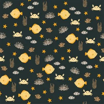 Vector seamless pattern with flounder, crab, seaweed, starfish, clownfish Illustrazione stock