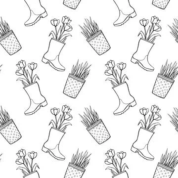 Vector seamless pattern of flower pots with decorative grass, plant, tulips i Stock Illustration