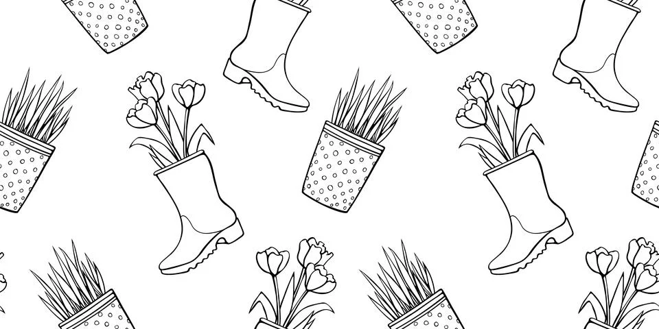 Vector seamless pattern of flower pots with decorative grass, plant, tulips i Stock Illustration