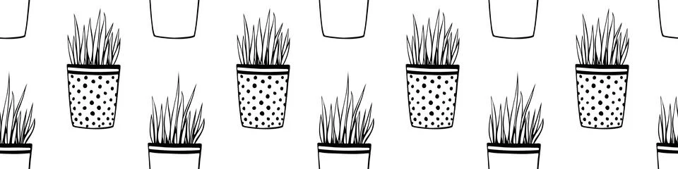 Vector seamless pattern of flower pots with decorative grass, plant. Cute tex Illustrazione stock