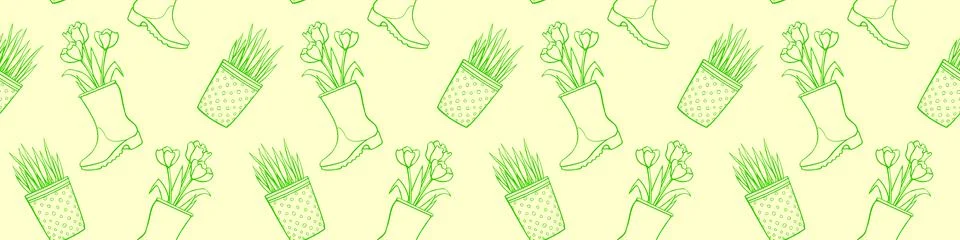 Vector seamless pattern of flower pots with decorative grass, plant, tulips i Illustrazione stock