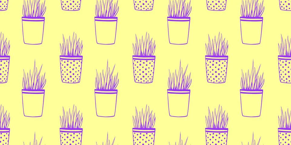 Vector seamless pattern of flower pots with decorative grass, plant. Cute tex Illustrazione stock
