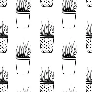 Vector seamless pattern of flower pots with decorative grass, plant. Cute tex Stock Illustration