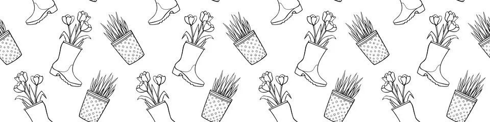 Vector seamless pattern of flower pots with decorative grass, plant, tulips i Illustrazione stock