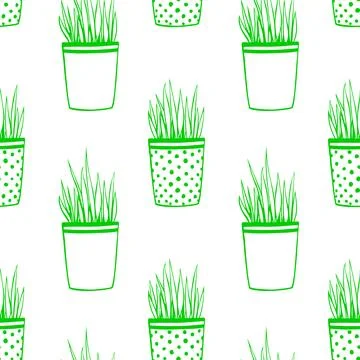 Vector seamless pattern of flower pots with decorative grass, plant. Cute tex Illustrazione stock