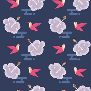 Vector seamless pattern with flowers and hummingbirds Stock Illustration
