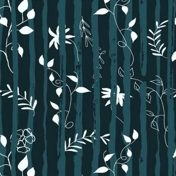 Vector seamless pattern with flowers and horizontal lines in hand drawn style Stock Illustration