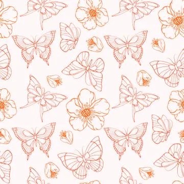 Vector seamless pattern with flowers and butterflies. Stock Illustration