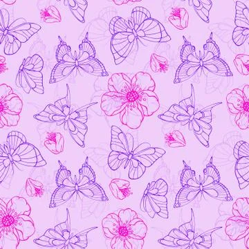 Vector seamless pattern with flowers and butterflies. Stock Illustration