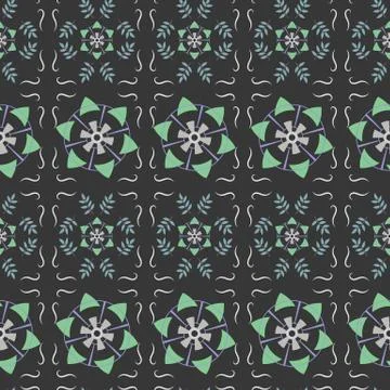 Vector seamless pattern of flowers and leaves on a gray background. Stock Illustration