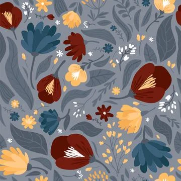 Vector seamless pattern of flowers and leaves. Simple modern illustration for Stock Illustration