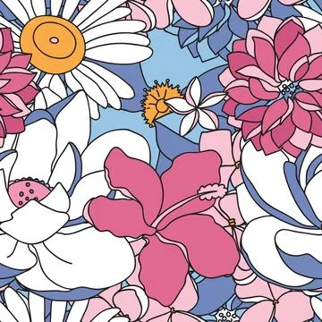 Vector seamless pattern with flowers and  leaves in pastel colors. Stock Illustration