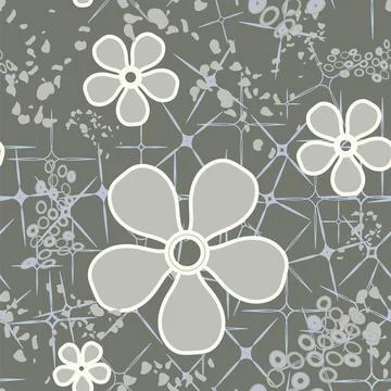 Vector seamless pattern of flowers and numerous spotted colored shapes and .. Stock Illustration