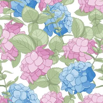 Vector seamless pattern of flowers of hartensia, twigs and leaves for your de Stock Illustration