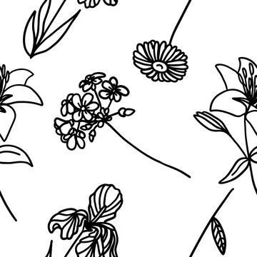 Vector seamless pattern with flowers in outline style Stock Illustration