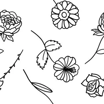 Vector seamless pattern with flowers in outline style Stock Illustration
