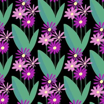 Vector seamless pattern with flowers violet color on black Stock Illustration