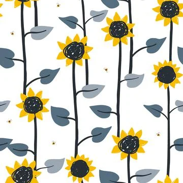 Vector seamless pattern with flying cartoon bees and flowers isolated on white Stock Illustration