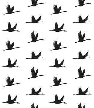 Vector seamless pattern of flying crane silhouette Stock Illustration