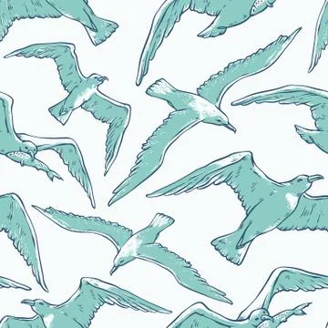 Vector seamless pattern flying seagulls. Bird gull angler outline sketch 스톡 일러스트