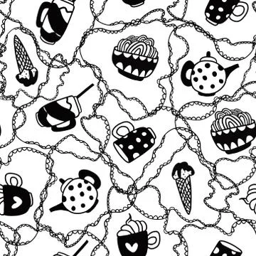 Vector seamless pattern with food and drink doodle. Stock Illustration