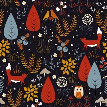 Vector seamless pattern with forest plants Stock Illustration