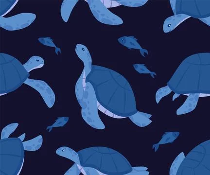 Vector seamless pattern in the form of blue turtles floating in the depths on a Stock Illustration