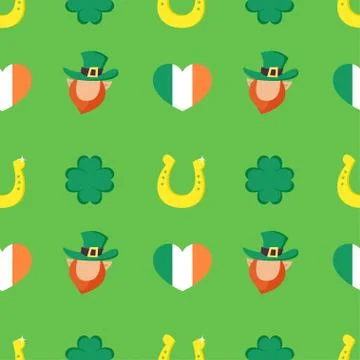 Vector seamless pattern with Four-leaf clover, golden horseshoe, heart shaped Stock Illustration