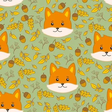 Vector seamless pattern with fox and leaf. Stock Illustration