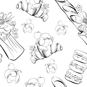 Vector seamless pattern french croissant and baguette. Macaroons and French Illustrazione stock