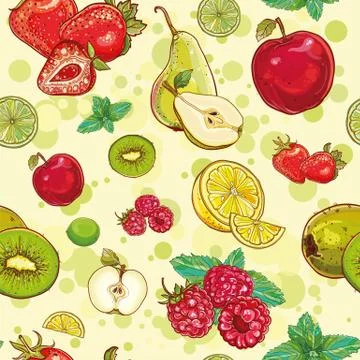 Vector seamless pattern with fresh fruits and berries Stock Illustration