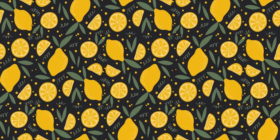 Vector seamless pattern with fresh lemon slices and green leaves Stock Illustration