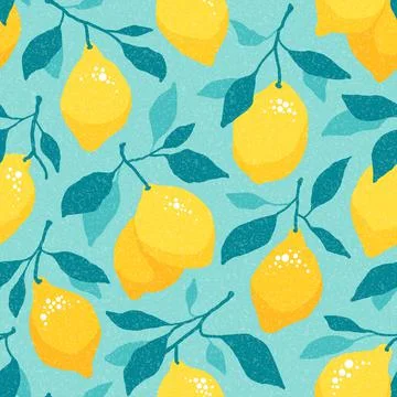 Vector seamless pattern of fresh lemons on a turquoise background. Illustrazione stock