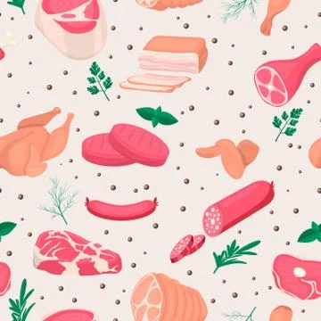 Vector Seamless Pattern with Fresh Pieces of Raw Meat, Chicken, Sausage, Rib Eye Stock Illustration