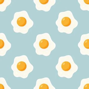Vector Seamless Pattern with Fried Egg, Sunny-Side-Up on Blue Background 스톡 일러스트