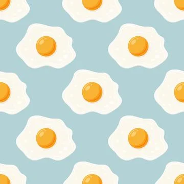 Vector Seamless Pattern with Fried Egg, Sunny-Side-Up on Blue Background 스톡 일러스트