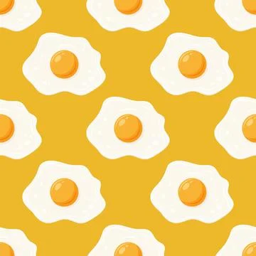 Vector Seamless Pattern with Fried Egg, Sunny-Side-Up on Yellow Background イラスト素材