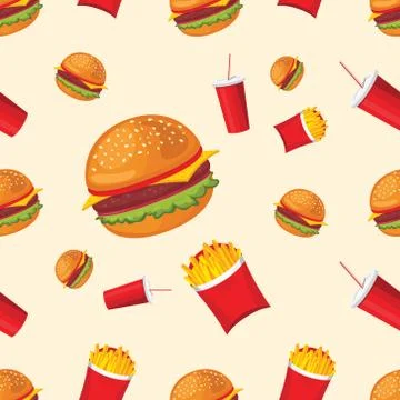 Vector seamless pattern of fries, coca-cola and hamburger. Cute fast food. Stock Illustration