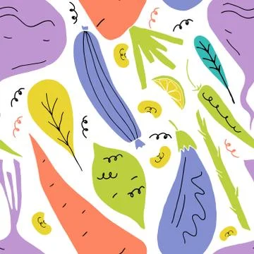 Vector seamless pattern with fruits and vegetables in hand drawn cartoon style. Stock Illustration