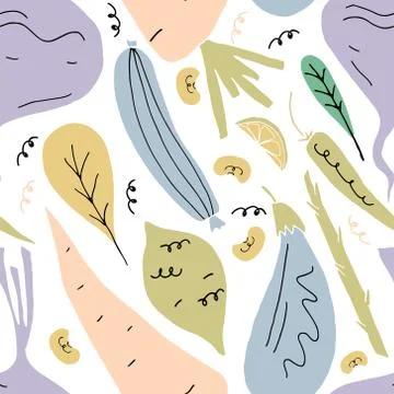 Vector seamless pattern with fruits and vegetables in hand drawn cartoon style. Stock Illustration