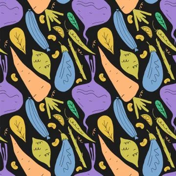 Vector seamless pattern with fruits and vegetables in hand drawn cartoon style. Stock Illustration