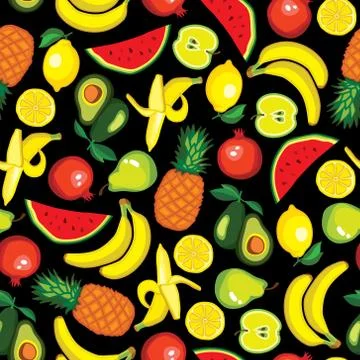 Vector seamless pattern with fruits: avocado, watermelon, banana, lemon Stock Illustration