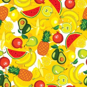 Vector seamless pattern with fruits: avocado, watermelon, banana, lemon Stock Illustration