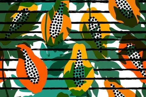 Vector seamless pattern with fruits. Colorful hand drawn papaya halves on s.. Stock Illustration