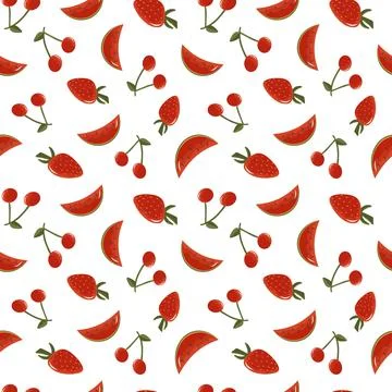 Vector seamless pattern with fruits as strawberry, cherry, watermelon. Summer Stock Illustration