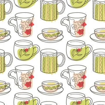 Vector seamless pattern on the fun cups for tea and coffee Stock Illustration