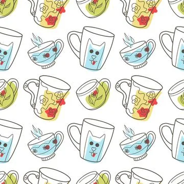 Vector seamless pattern on the fun cups for tea and coffee Illustrazione stock